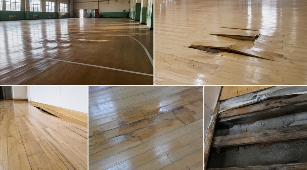 老舊木地板受潮翹曲破損，場館地材受潮變形實拍