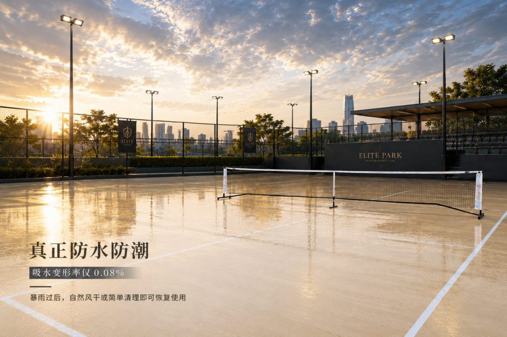 高端戶外球場，暴雨后地面積水圖，生物基運動地板吸水變形率僅0.08%，72小時浸泡0.3% 真正防水防潮
